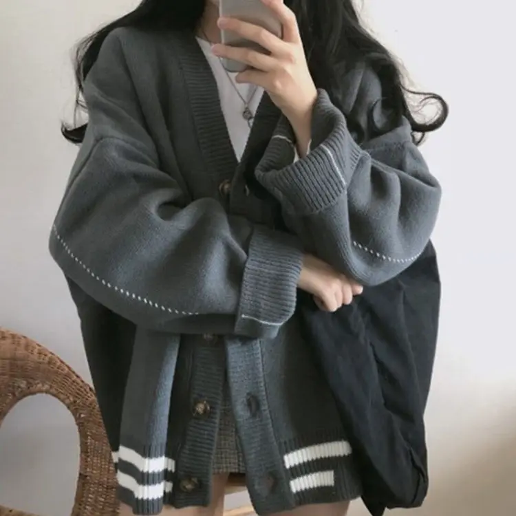 Женский вязаный свитер корейский стиль свободный с длинным рукавом V-образным