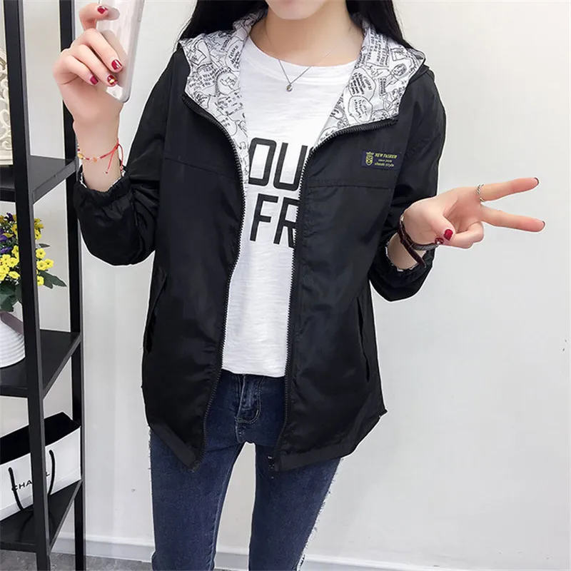 Student Jacket Women 2021 Spring Summer New Fashion Preppy Letter Print Double Face Can Wear Short Loose Thin Hooded Coats N827 | Женская