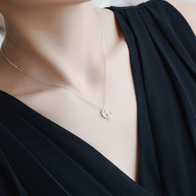 New Fresh Elegant Animal 925 пробы Silver Moon Cat Collar ювелирные изделия ожерелья с лоном|Ожерелья| |