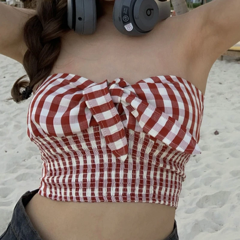 Харадзюку жилет с бантом в клетку женский корейский короткий тонкий без бретелек