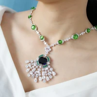 big green stone cubic zircon geometric fan flower pendant luxury necklaces women party jewelry c97