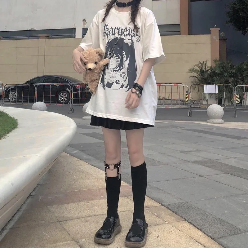 

Anime T-shirt Women 2021 Harajuku Feminine Clothes Fashion Summer Casual Top Mujer Goth Print MINGLIUSILI White T Shirt