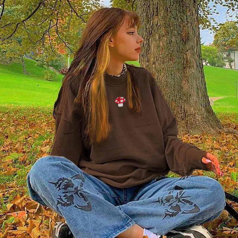 Women Streetwear Pullover Sweatshirts Fashion Embroidery Mushroom Y2K Aesthetic 90s Korean Long Sleeve O-Neck Brown Sweatshirt