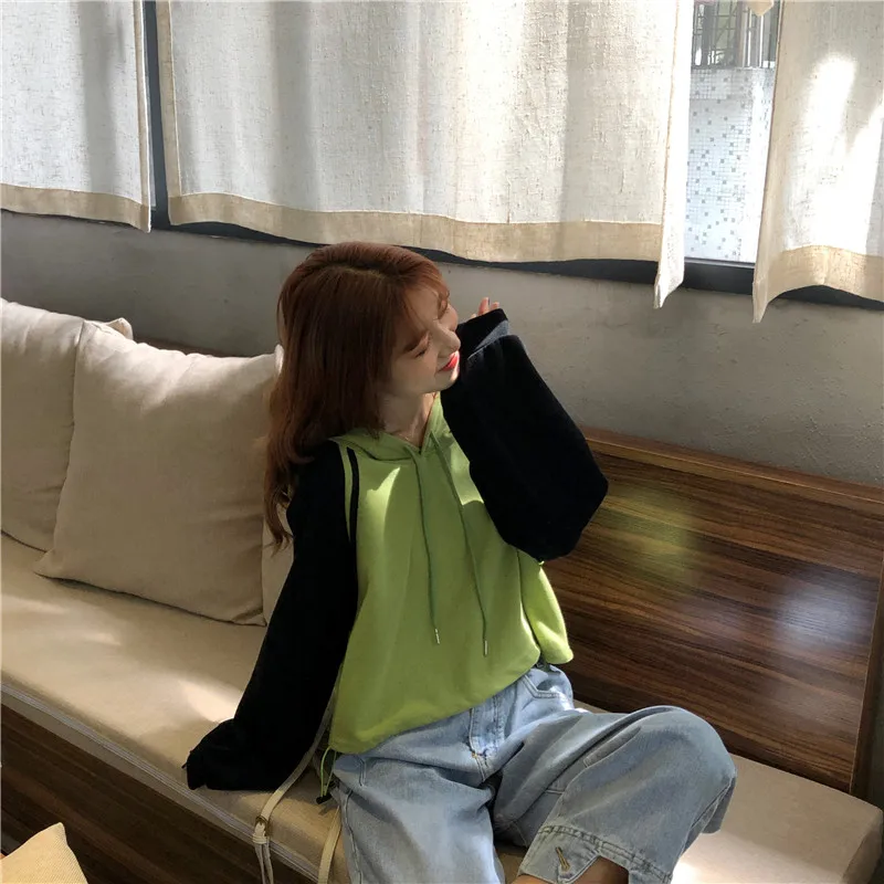 

casual style korean loose pullovers new short fashion spring panelled patchwork ulzzang long sleeve Hoodies Sweatshirts Harajuku