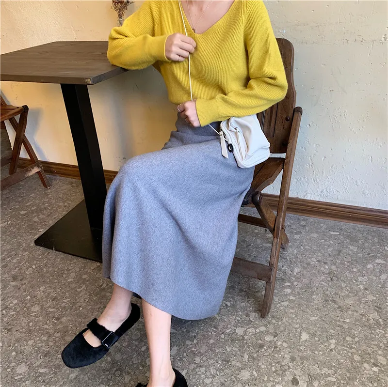 

Fdfklak Fashion chic high waist wild A-line skirt long knitted skirt female wool slim students skirts jupe femme new faldas