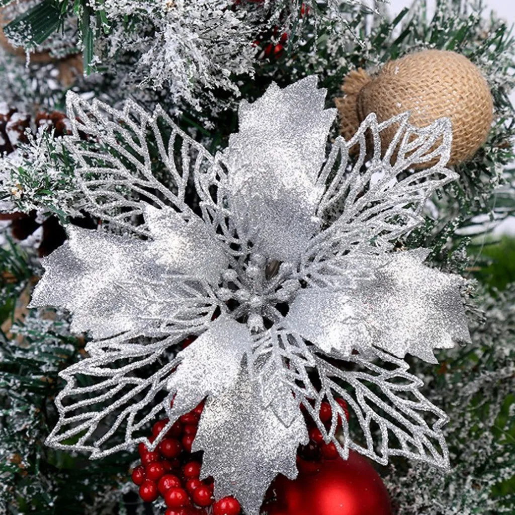 

5pcs 9-16cm Glitter Artifical Christmas Flowers Christmas Tree Decorations for Home Fake Flowers Xmas Ornaments New Year Decor