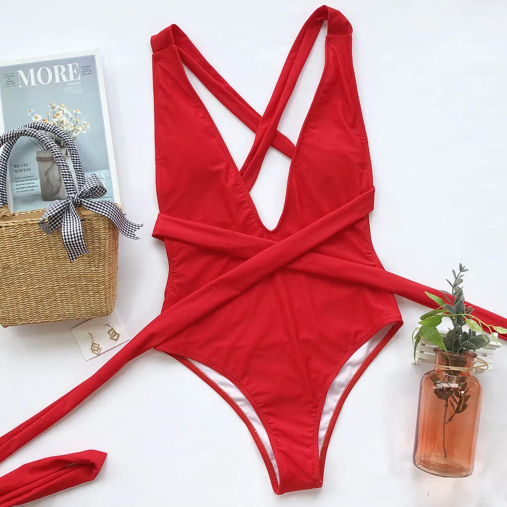 

Sexy Red One Piece Swimsuit Deep V Bodysuit Push Up Swimwear Women Brazilian Bikini Bandage Bikini 2021 Bathing Suits Monokini