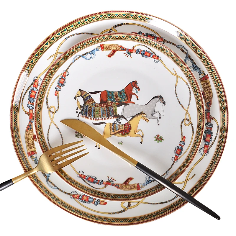 

Luxury War Horse Bone China Dinnerware Set Royal Feast Jingdezhen Porcelain Western Plate Dish Home Decoration Wedding Gifts