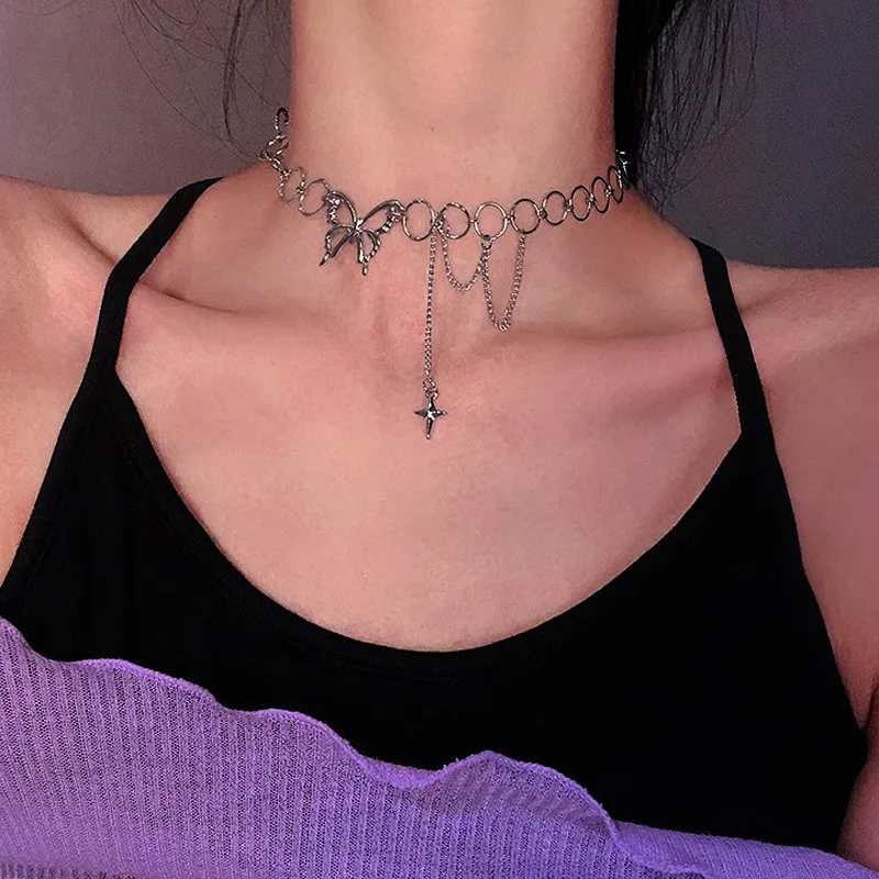 

Punk Butterfly Choker Necklace Kpop Gothic Hip Hop Link Chain Necklaces for Women Hollow Jewelry Gift Star Pendant Accessories