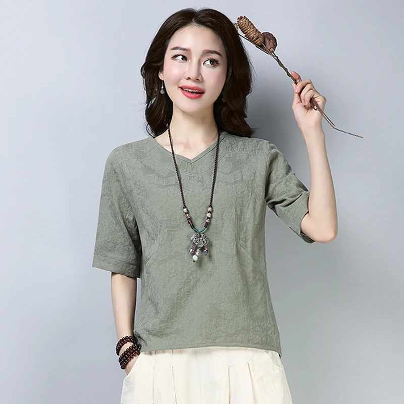 

Женский жаккардовый топ в стиле ретро, Свободный Топ из хлопка и льна с V-образным вырезом и карманами для похудения, лето 2020