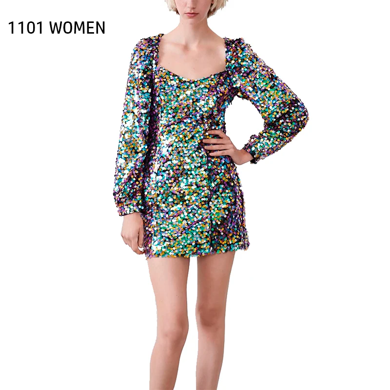 ZA Новинка весны для женщин Красочные блестками с длинным рукавом квадратный