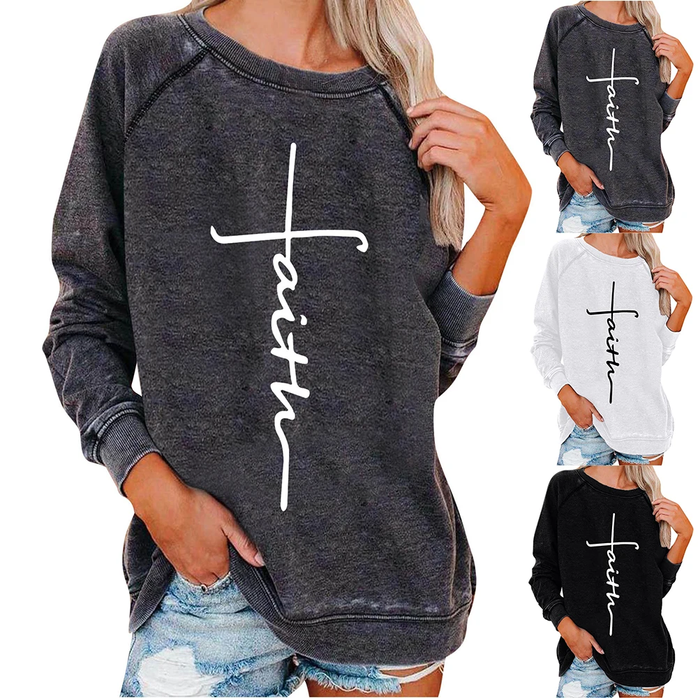 

Women Cross Letters Printed Ladies Autumn Casual Hooded Round Neck Loose Long Sleeves T-Shirt Top Plain Outwearing Tops Clothes