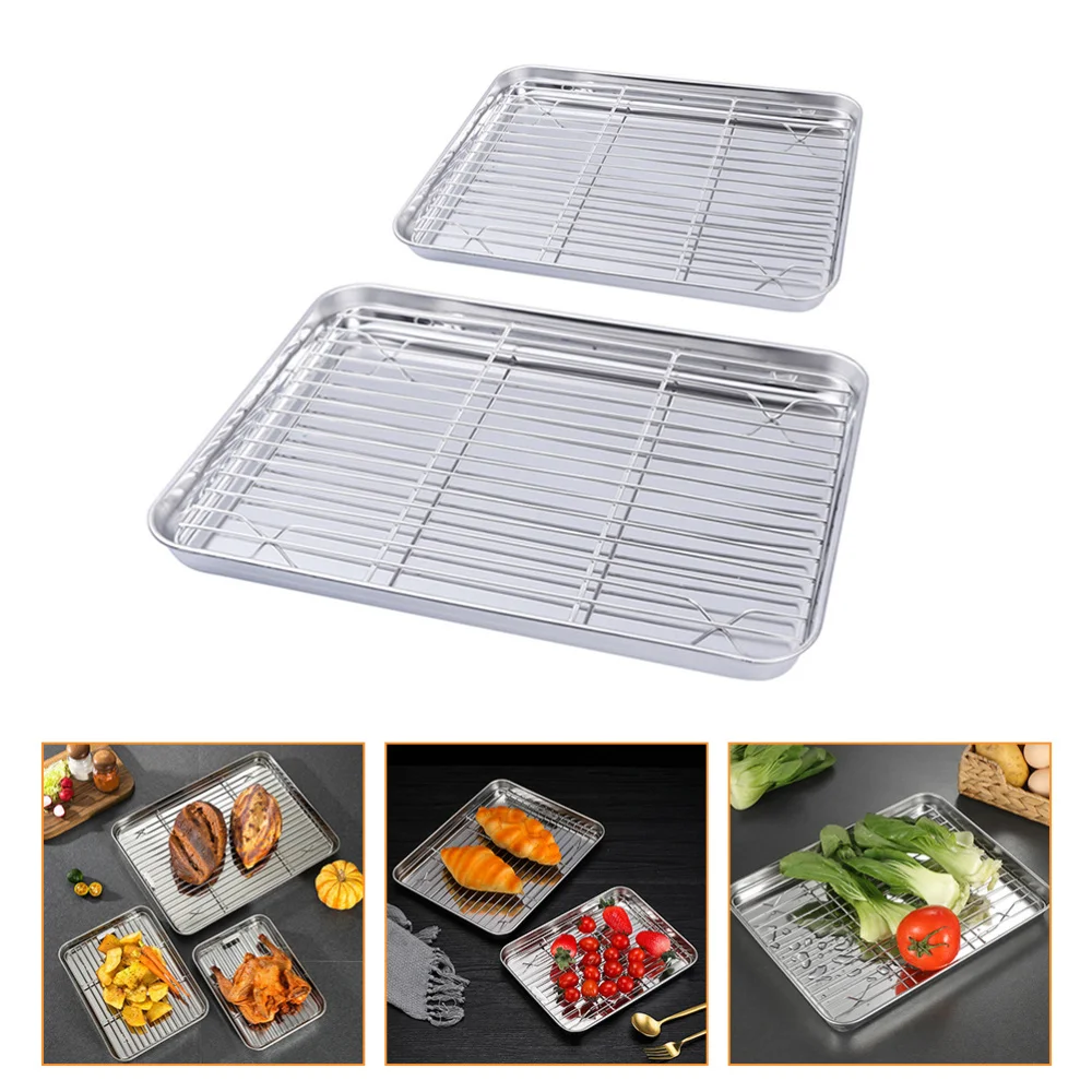 

2Pcs Square Stainless Steel Baking Sheets Durable Fruit Drain Pans (Steel color)