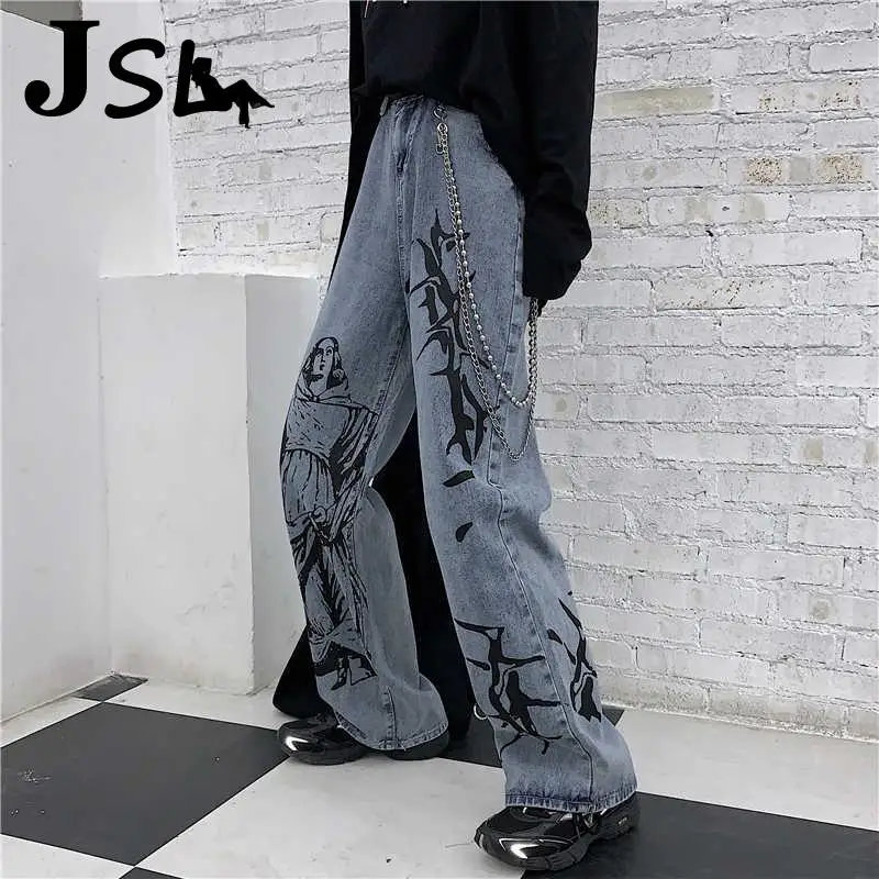 

2021 Fashion Ins Street Hip-Hop Printed Wash Jeans Couple Outfit Loose Casual Denim Wide Leg Pants Egirl Tide Straight Trousers