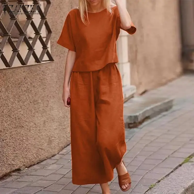 

2022 ZANZEA Women Summer Matching Sets Vintage Solid Loose Wide Leg Trousers Suits Oversized Short Sleeve Blouse 2PCS Pant Sets