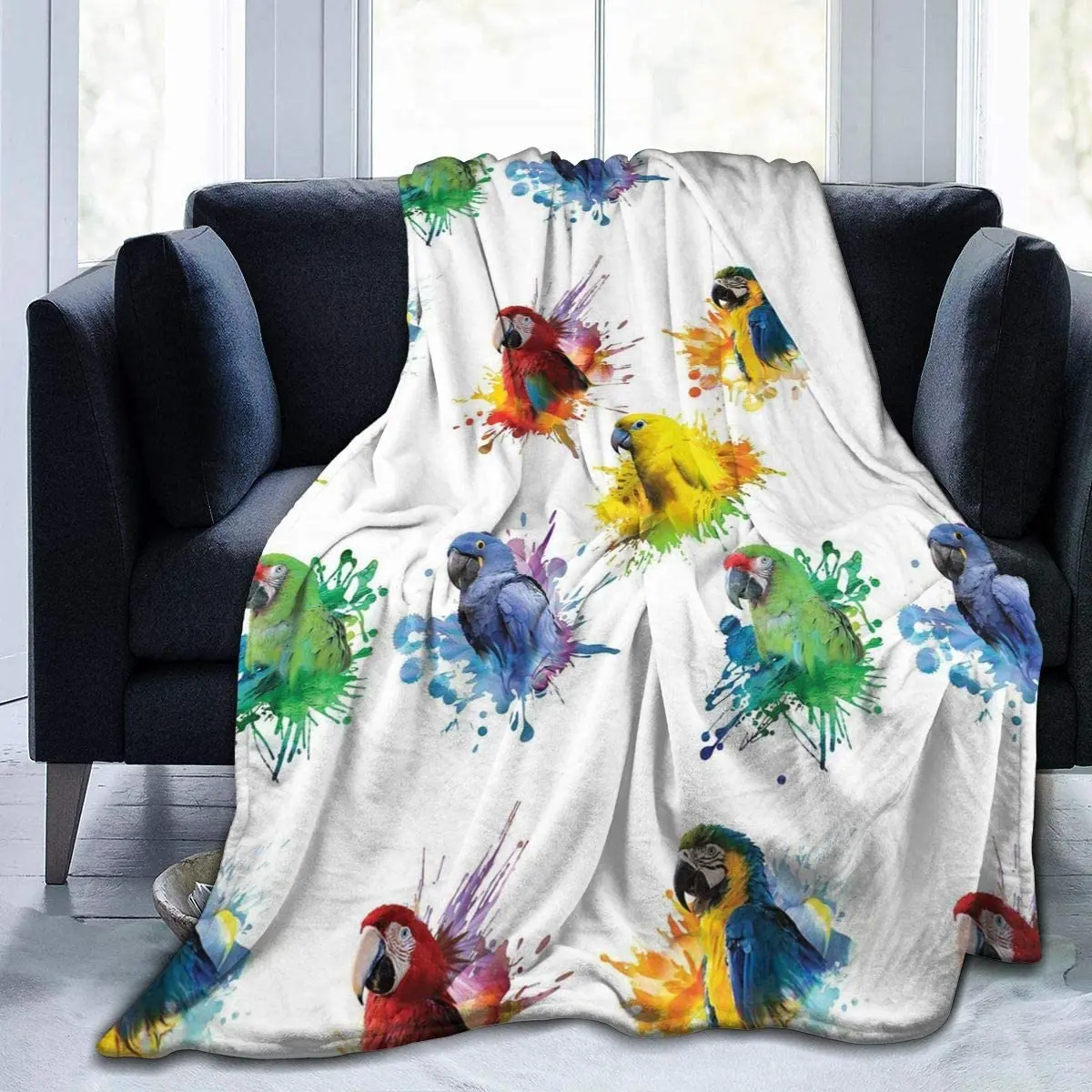 

3D Watercolor Parrot Print Fleece Blanket Winter Throw Warm Fluffy Plush Blankets for Bed Couch Chair Living Room