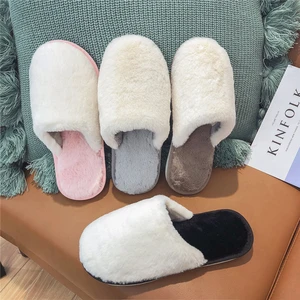 Winter Women Flip Flop Shoes Home Bedroom Indoor Slides Warm Faux Fur Flat Shoes Memory Foam Couple Fluffy Plush Cotton Slippers