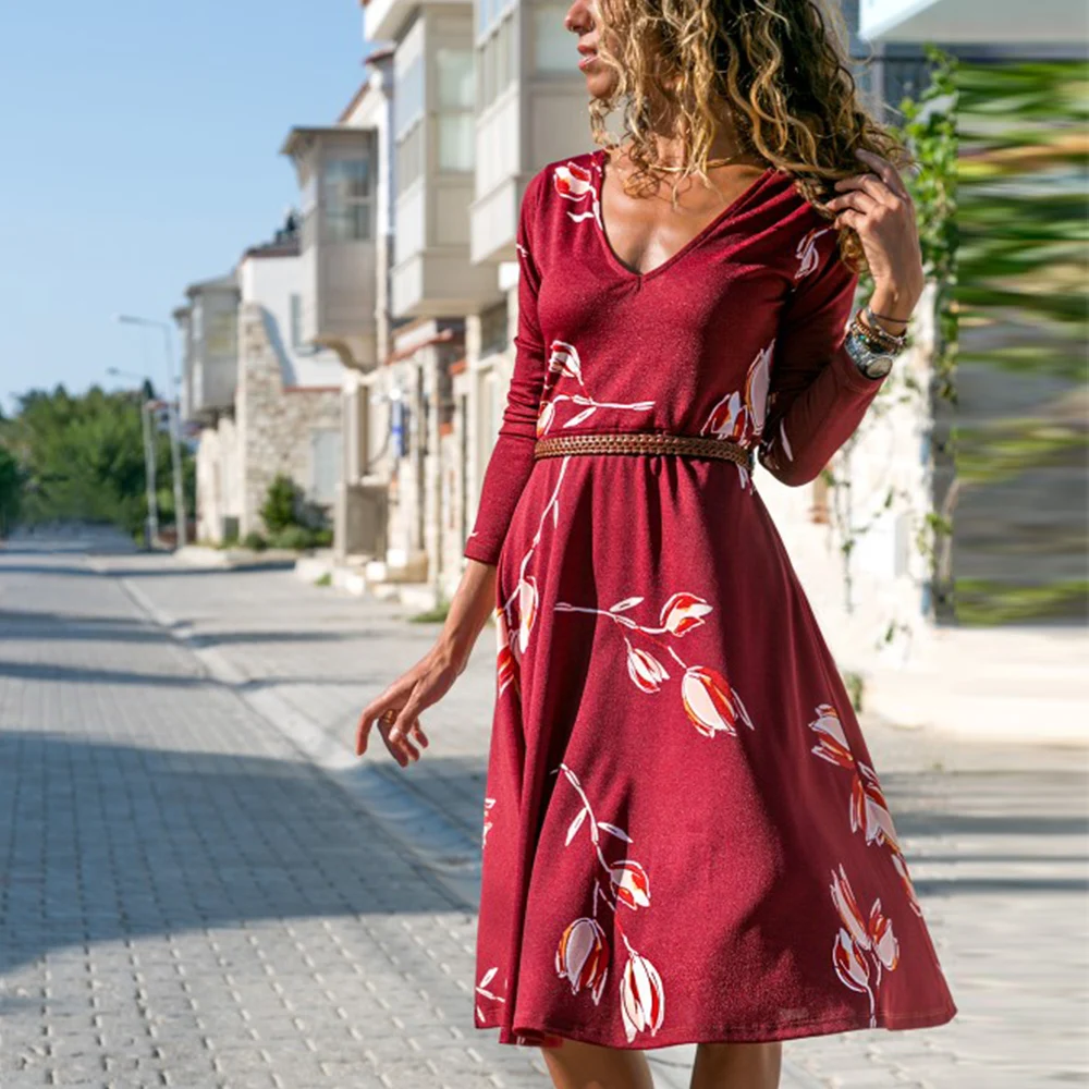 Женское платье с длинным рукавом повседневное винтажное миди цветочным принтом