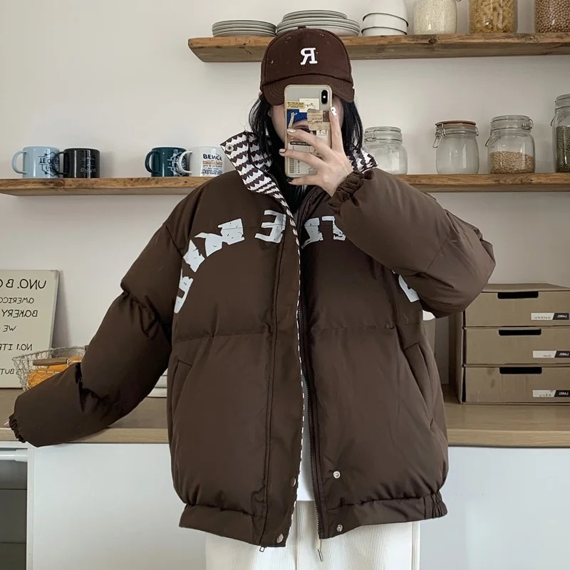 Casual Oversize Winter Down Jacket Women Stand Collar Thick Teen Gril Female White Duck Down Coat Loose Letters Print Warm Parka