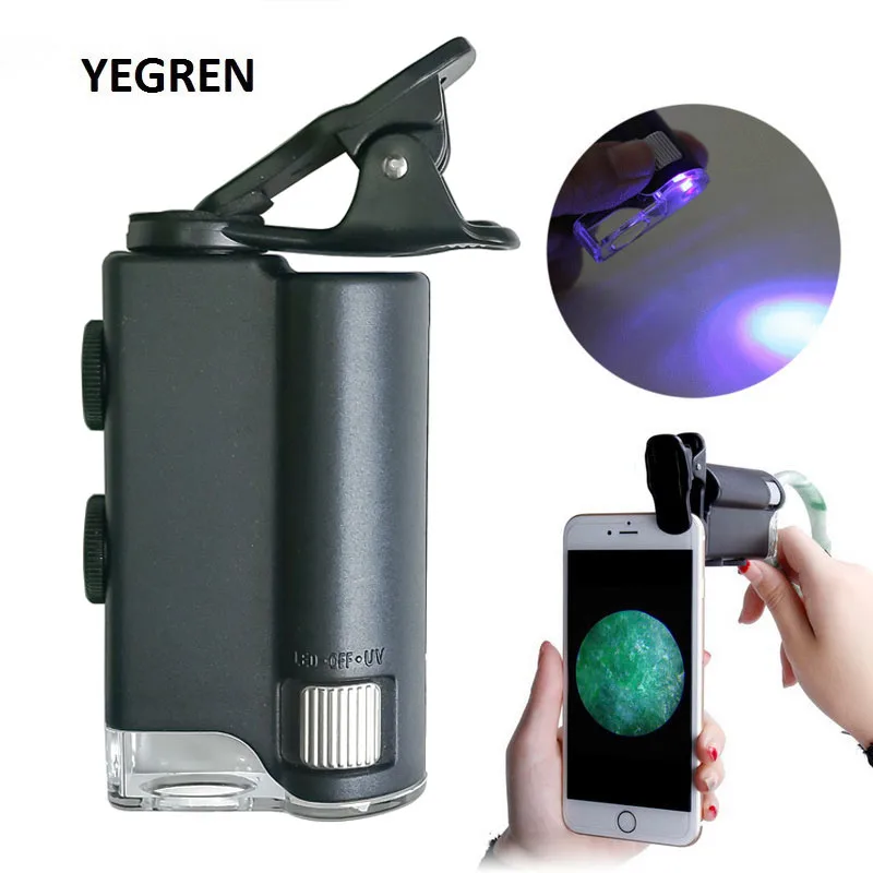 

60X/100X Mobile Phone Microscope with Cell Phone Clip Pocket Magnifying Glass LED UV Light f/ Jade Identification