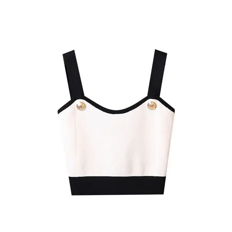 

2021 summer color contrast Halter vest women's zipper slim bottomed short open navel Knitted Top sleeveless open shoulder