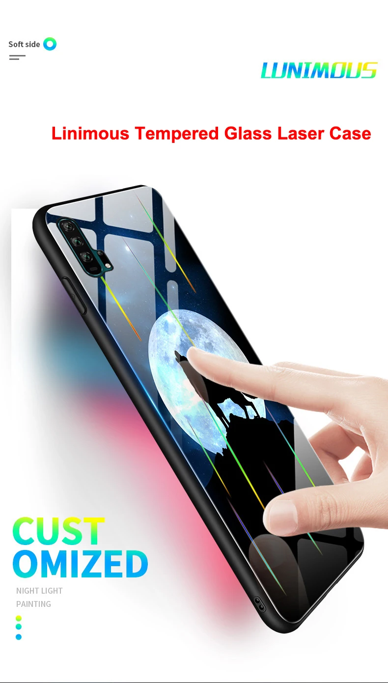 Для huawei P30 Pro P20 Lite Nova 5i 4e 3 3i Коврики 20 20X Honor 20 V20 9X чехол лазерный световой закаленное Стекло светящийся чехол с ночным мотивом