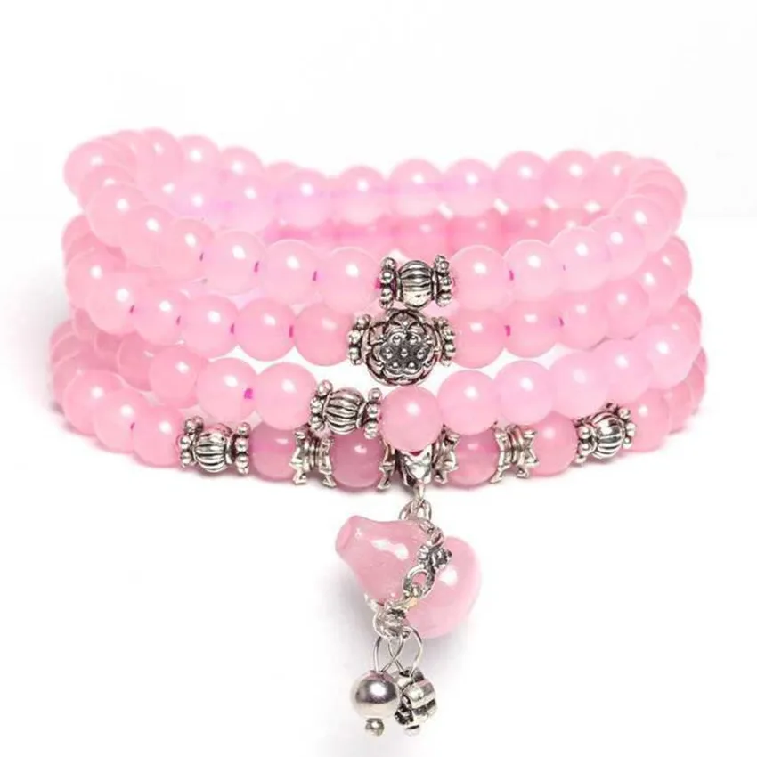 FYJS уникальный посеребренный Gourd Connect розовый кварцевый кристалл круглые бусины