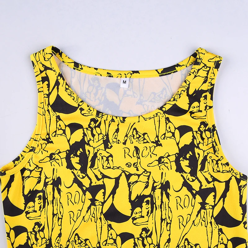 

Waatfaak Yellow Fitness Street Summer Top Y2K Sleeveless Graffiti Print Streetwear Workout Harajuku Crop Top Women Skinny 2021