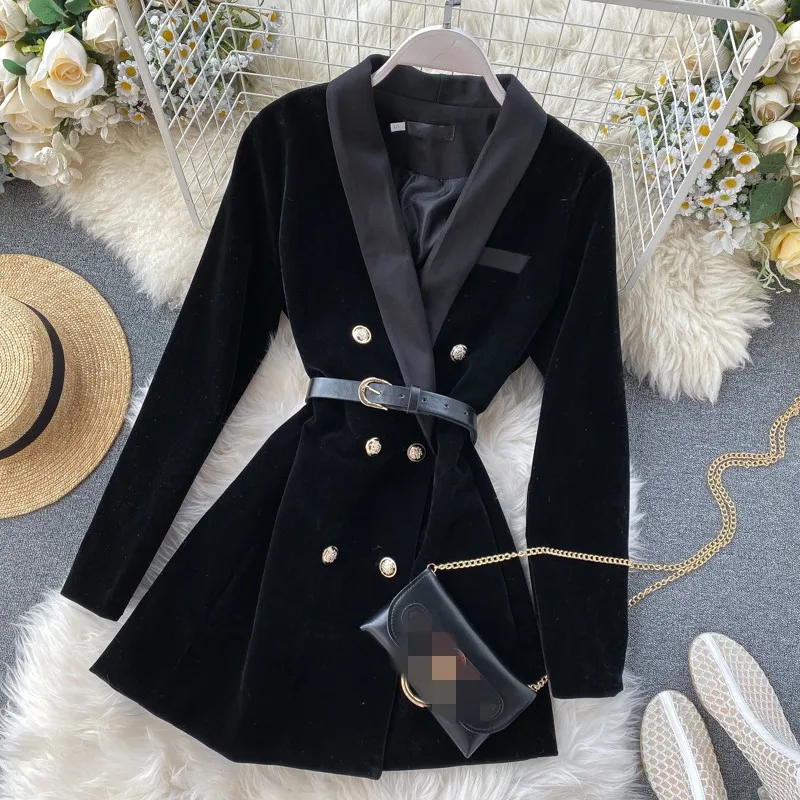 

Women Velvet Blazer V-Neck Double-Breasted Sashes Mid-Length Jacket Lady England Style Vintage Suit A-Line Dress High Waist