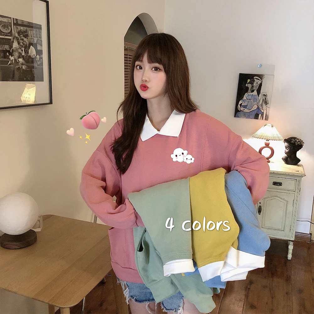 Kawaii Cartoon Printed Pullover Sweatshirt Plus Size Harajuku Cotton Clothes for Women Winter Casual Cute Sweetshirt for Girls
