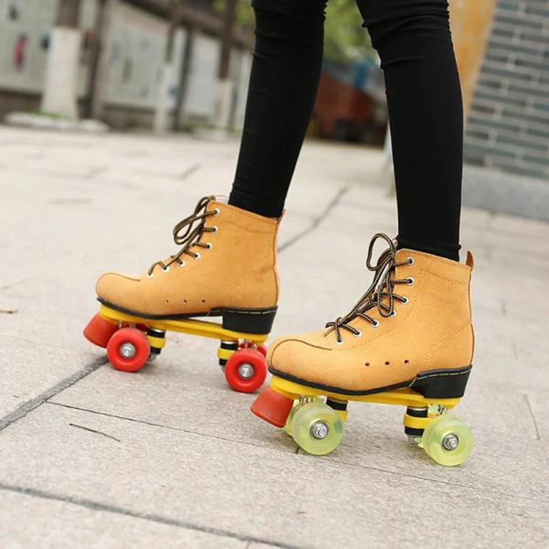 Double Row Roller Skates Shoes Womam Men Adult Artificial Leather Outdoor Patins With Black Durable PU Wheels