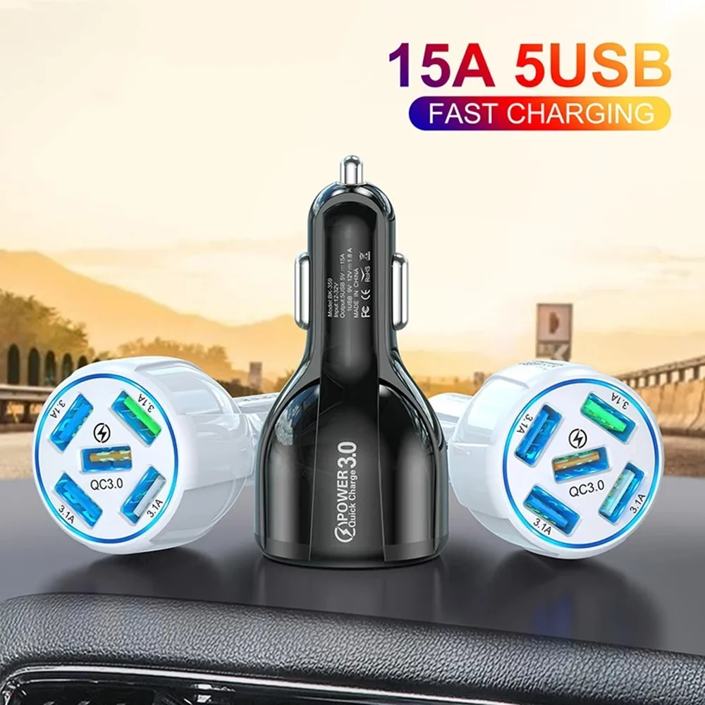 

15A QC3.0 5USB Car Charger Fast Charge Car Charger One for Five Mobile Phone Car Charger Cross-border Car Accessories