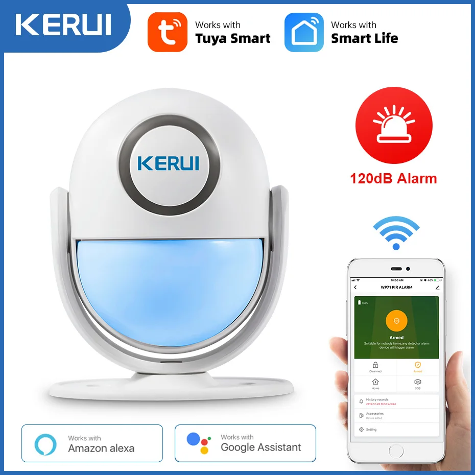 

Беспроводная система сигнализации KERUI Tuya, Wi-Fi, работает с Alexa 120 дБ, пассивным инфракрасным датчиком дверей и окон
