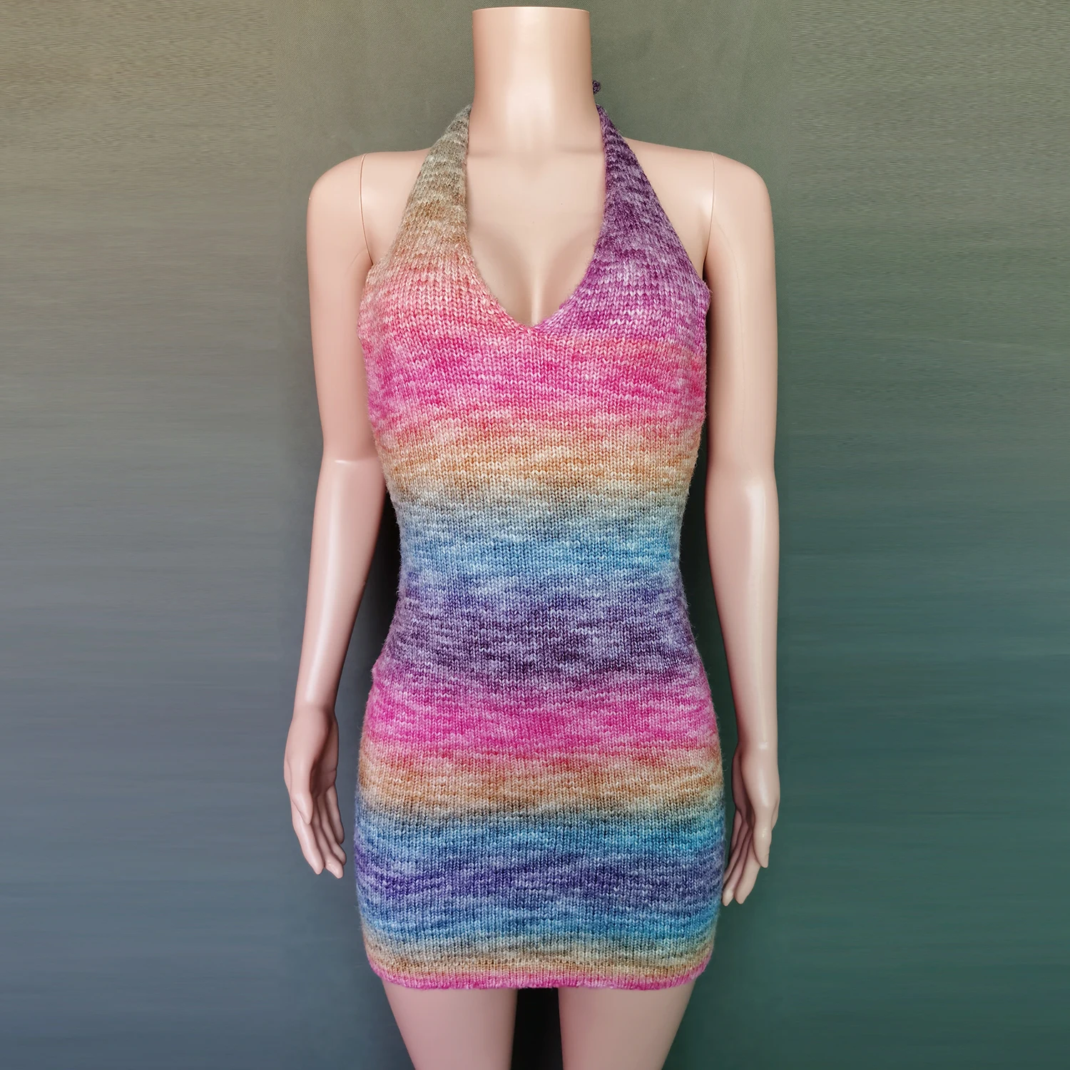 

Rainbow Summer 2021 Mini Knitted Dress for Women Sexy Backless Sleeveless Halter Mini Dresses Bodycon Beachwear Outfit