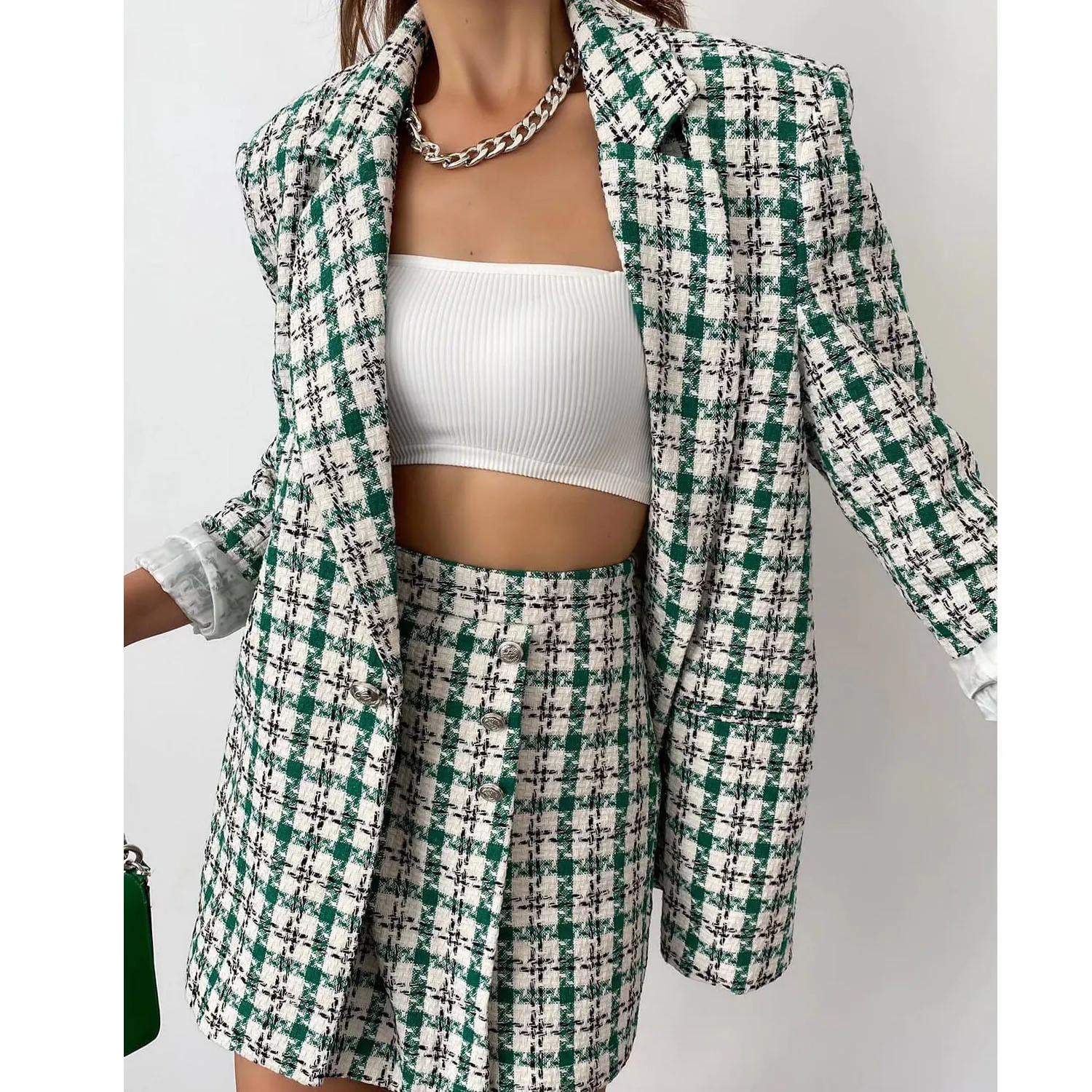 

New Green Grid Suit Coat One Button Medium Length Coat
