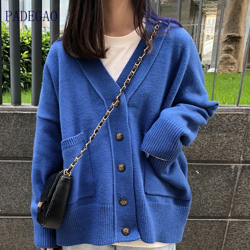 Women Cardigans Blue Sweater V neck Jacket Pocket Soft Coat Red Pink Green Solid Color Knitted Loose Designer Single Breasted |