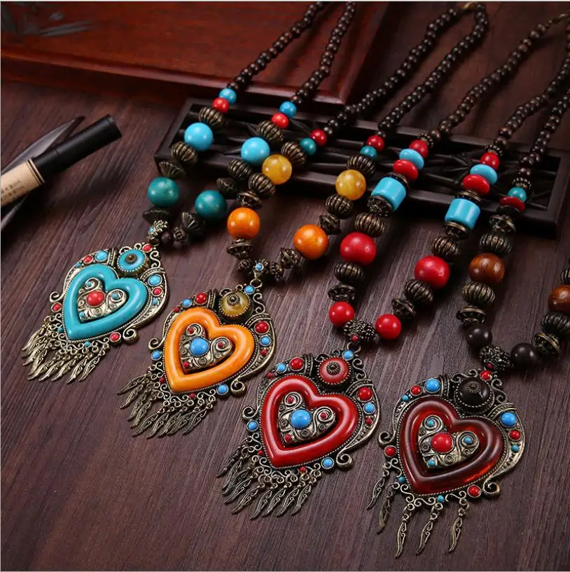 

Tibetan silver Bohemian necklace beads heart necklace dance vintage sweater chain female classic chain for women ethnic jewelry