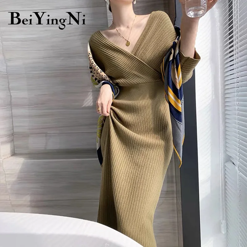 

Beiyingni Women Elegant Sweater Dress High Waist Knitwear Slim Retro Casual Party Autumn Winter Backless Dresses Woman Vestidos