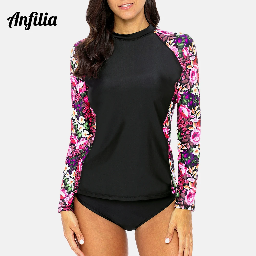 Женский купальник Anfilia с длинным рукавом топ для плавания принтом Рашгард