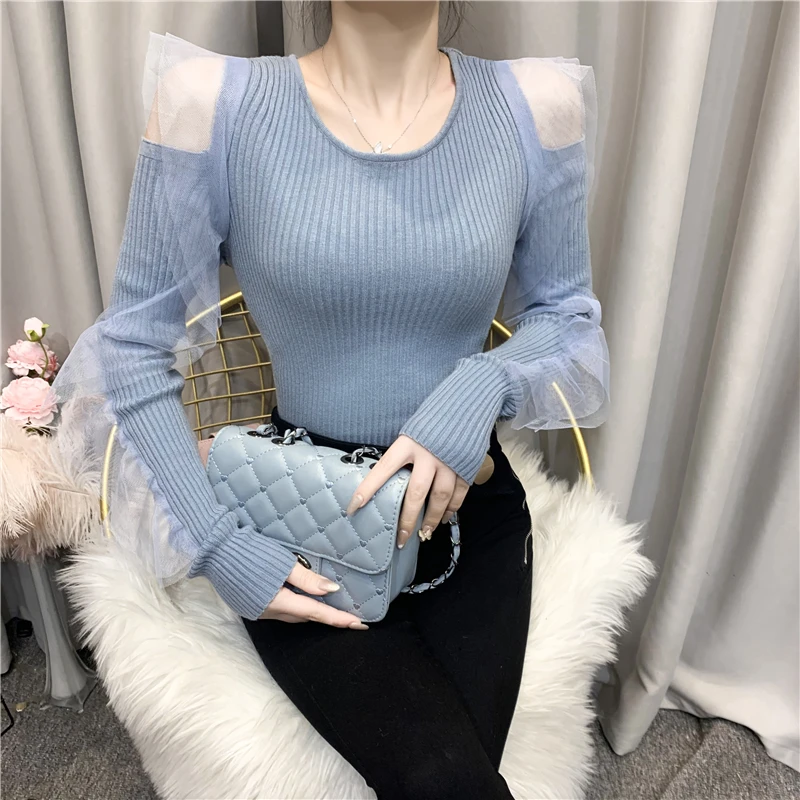 

Autumn new fashion mesh stitching long-sleeved slim slim knit sweater