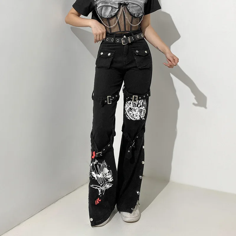 

Black Print Dark Streetwear Jeans Woman High Waist Cargo Metal Button Pants Autumn Baggy Straight Leg Jean Pattern Trousers