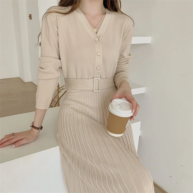 

Sweater Dress Female Vintage Belt V Neck Khaki Women Dresses 2022 Solid Woman Elegant Korean Knitted Casual Winter Warm Thick
