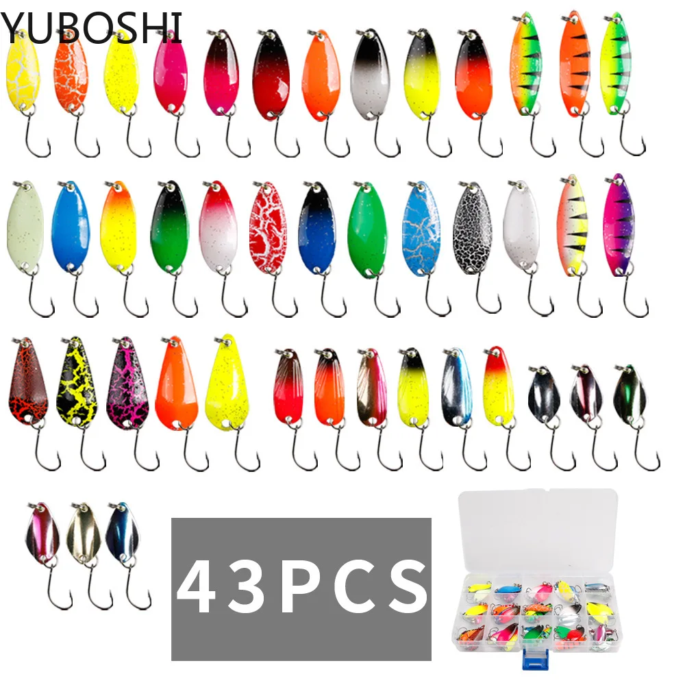 

YUBOSHI 12/43 шт./лот наборы рыболовных приманок с ложкой 2,3 г-3,5 г металлический Спиннер жесткая искусственная приманка для окуня форели рыболовн...