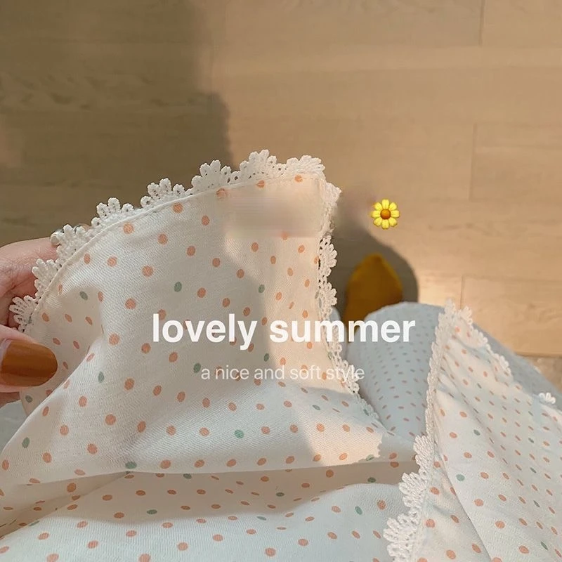 QWEEK Polka Dot Women's Pajamas Korean Sleepwear Summer Pijama Female Set Woman 2 Pieces Lace Brief Suits with Shorts Pyjamas