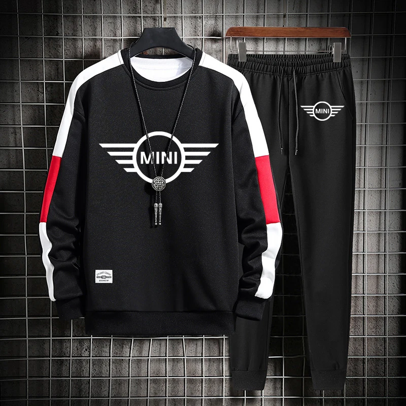 

Spring Autumn trend Men's Hoodie mini Car Logo Print cotton Splicing stripe collocation Men's pullover+pants 2-piece set
