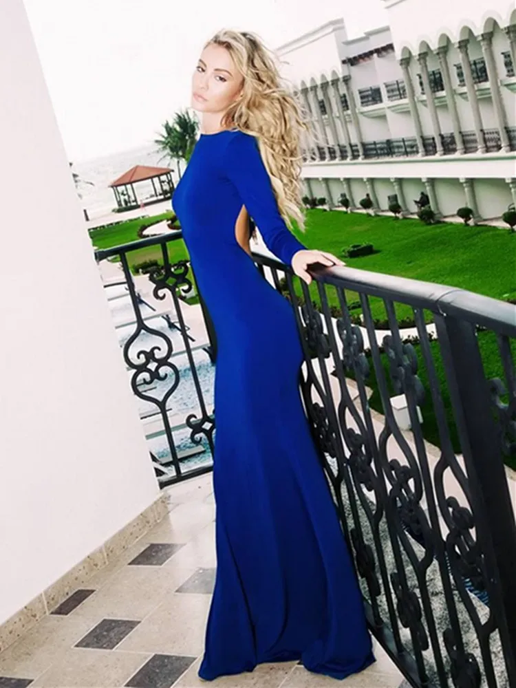 

Sheath Tempting Maxi Dress Low Cut Back Evening Dress Backless Long Sleeves High Neck Mermaid Taffeta Formal Dress WED11
