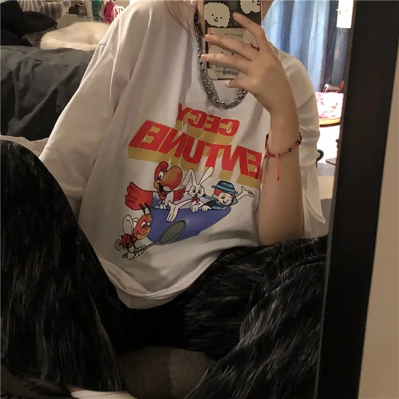 

Women's Short-Sleeved T-shirt Spring Korean Style Loose All-Matching Slimming Ins Internet Celebrity Retro Hong Kong Style Chic