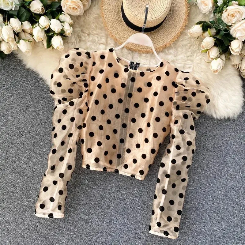 

JMPRS Retro Chic Polka Dot Blouse Summer Puff Sleeve O-neck Zip Elegant All-match Shirt Perspective Black White Female Crop Tops