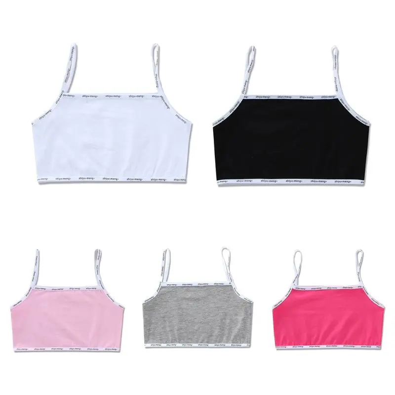 

Junior Young Girls Spaghetti Strap Underwear Bra Contrast Color Letters Trim Bralette Unpadded Wireless Puberty Cotton Crop H9EF