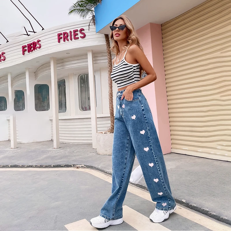

Повседневные свободные прямые брюки из денима с узором, женские брюки для женщин, джинсы, джинсы для женщин, джинсы с высокой талией